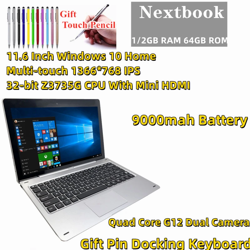 11.6 Inch Windows 10 Tablet PC With Keyboard 1GB RAM 64GB ROM Nextbook Multi-touch 1366*768 IPS 3735G HDMI-Compatible Notebook note taking tablet with pen