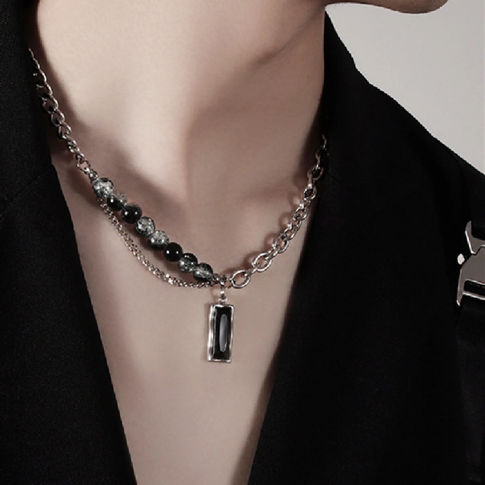 Vnox Stone Choker Necklaces for Men Women Double Layers Chain Collar choker necklace