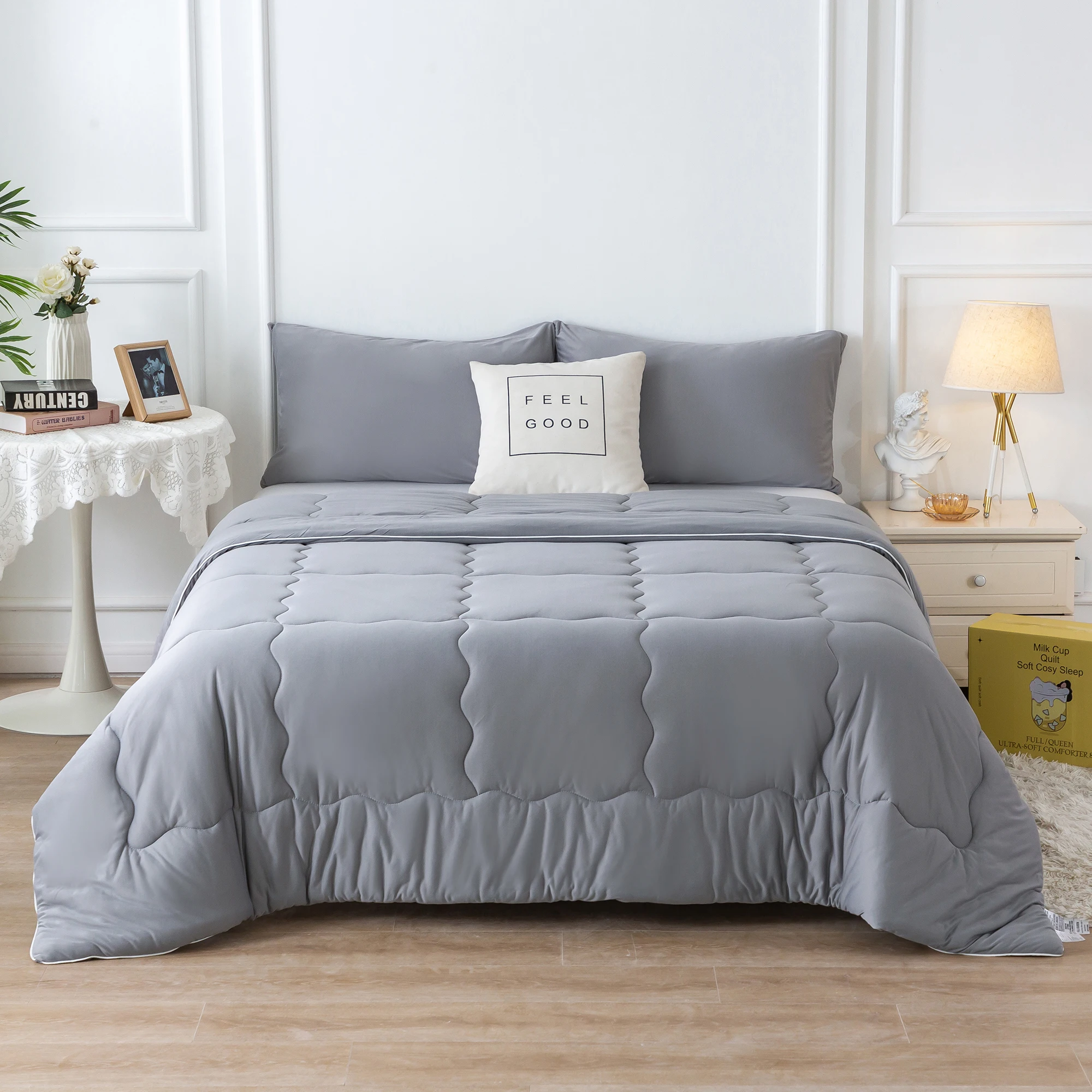 

Dark Grey Reversible Twin Size Ultra-Soft Comforter Set Knit Cotton Cozy Fully Breathable Solid Color Bedding with 2 Pillowcase