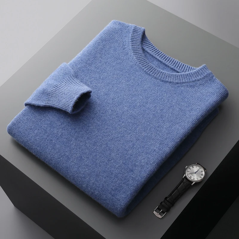 100% Wool Sweater Men's Round neck Thickened Top Autumn and Winter New Solid Color Knitted Pullover
