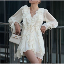 Elegant Flounce V-Neck Lace-Up Lantern Sleeve Mini Dress with Patchwork Details - L (01 White)
