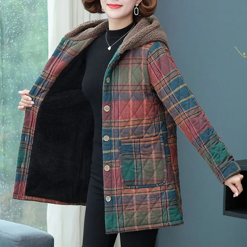 

New Middle-Aged Women's Thick Warm Down Cotton Coat Long Autumn Winter Padded Jacket Female Grid Casual Hooded Parker Overcoat