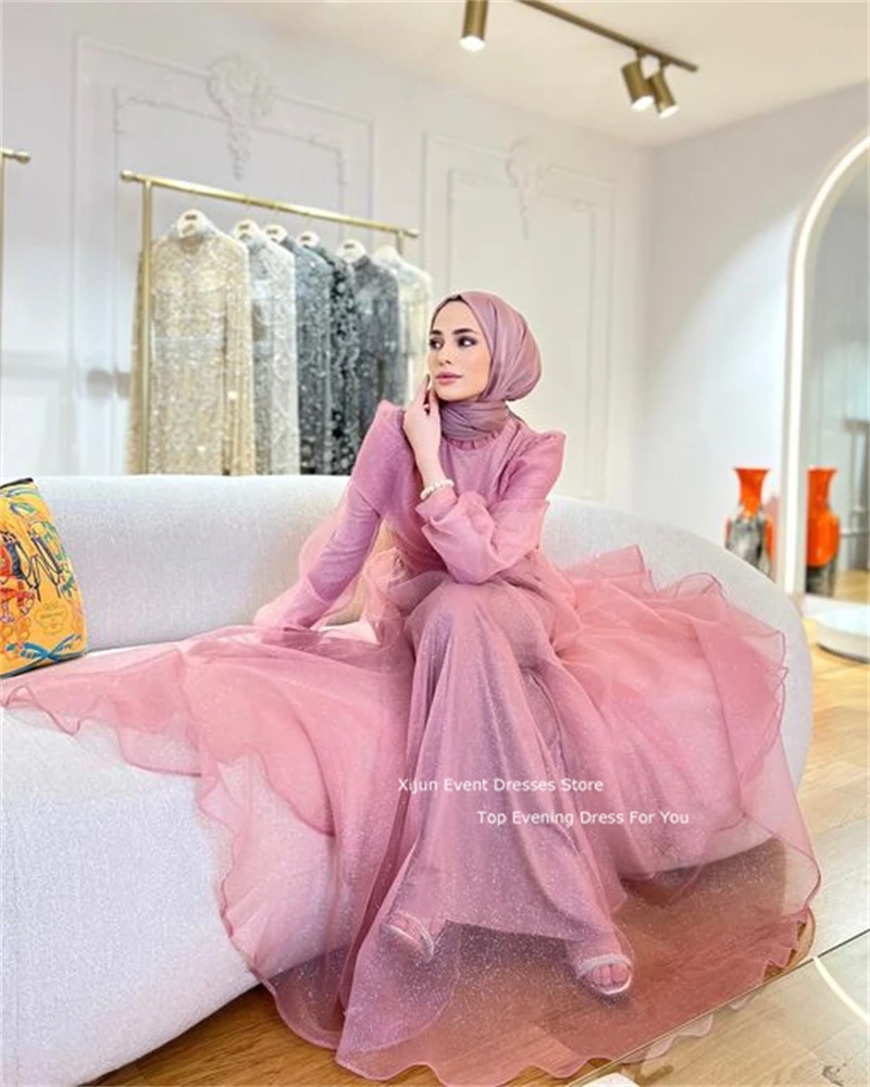 Xijun Pink Modest Tulle Moroccan Kaftan Evening Dresses Dubai