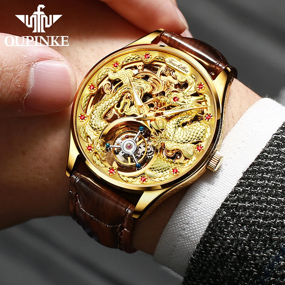 OUPINKE 3176 Men's Watch Tourbillon Mechanical Watch For Men Dragon Dial Hollow Flywheel Deep Waterproof Automatic Wristwatch