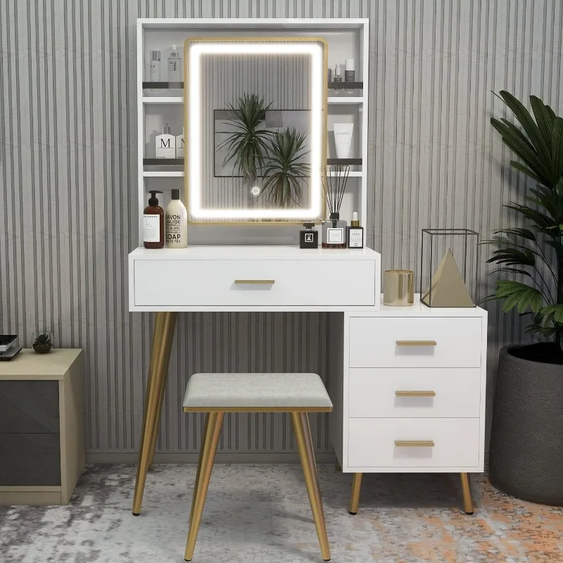 

Vanity Desk with Mirror and Lights, Makeup Vanity with 4 Drawers, Vanity Mirror with Lights and Table Set, 3 Lighting Modes