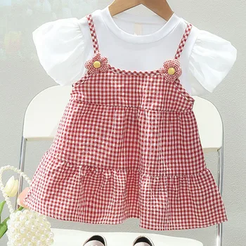 Summer Toddler Girl Dress Puff Sleeve Princess Dress Birthday Party Costume Infant Outfit Flower Plaid Baby Girl Clothes A1082 1