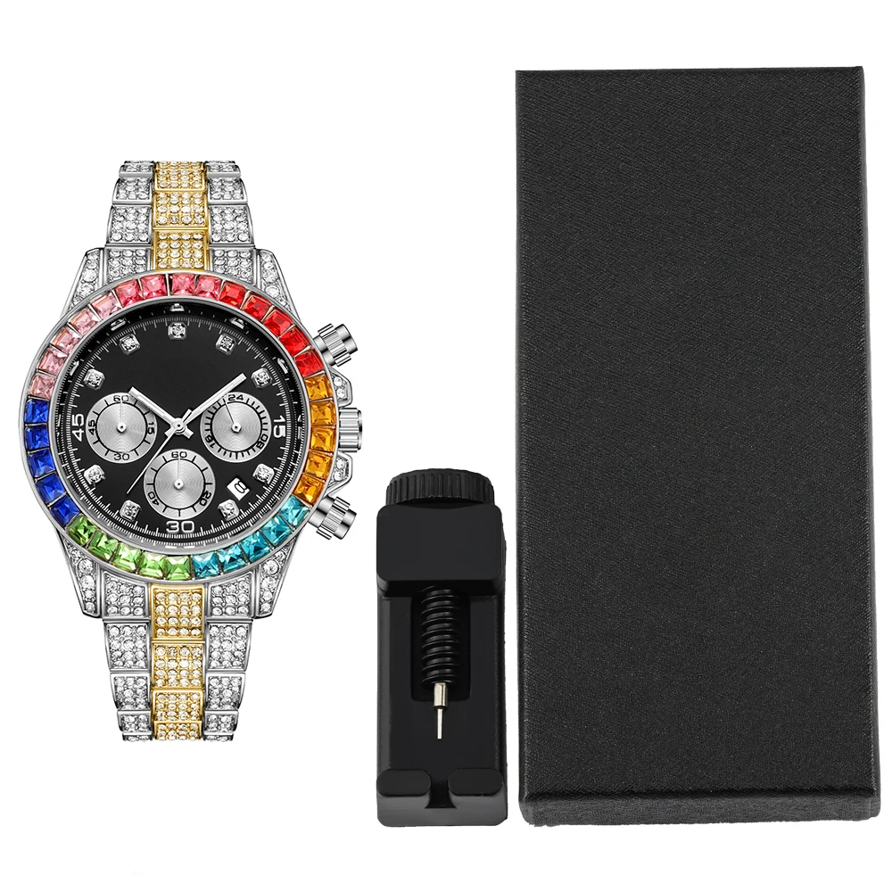1pc Stylish Quartz Watch Hip-hop Punk Inlay Color Diamonds