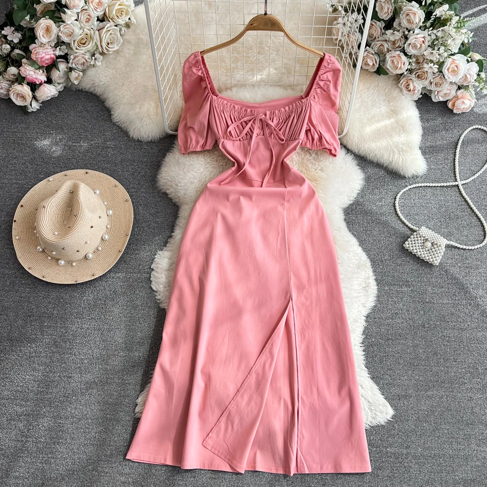 Puff Sleeve Lace Up Backless Dress