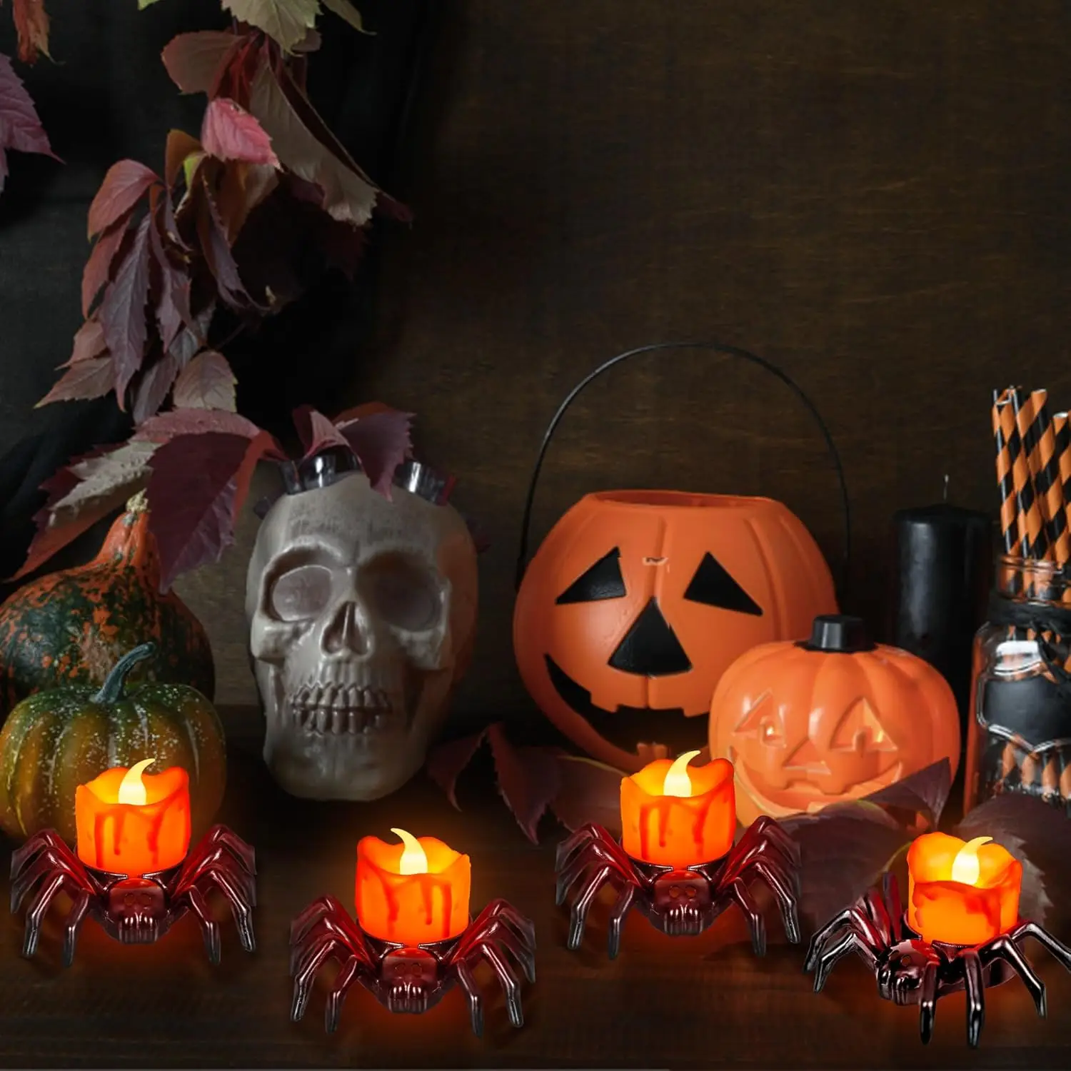 Halloween Spider Candle Lights, Halloween Orange Flameless Candle Lights Emitting Color:Warm White;Body Color:12-Pack 2