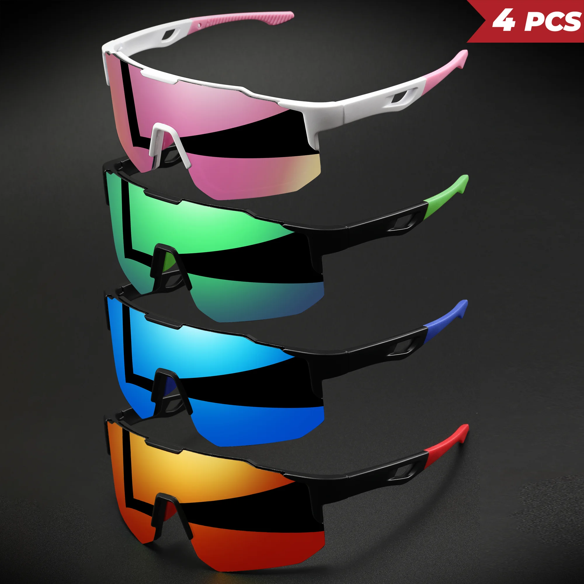4 Stück übergroße bunte Sport-Sonnenbrillen – umlaufendes Design, UV400, Unisex, bequeme Passform für Radfahren, Wandern und Outdoor