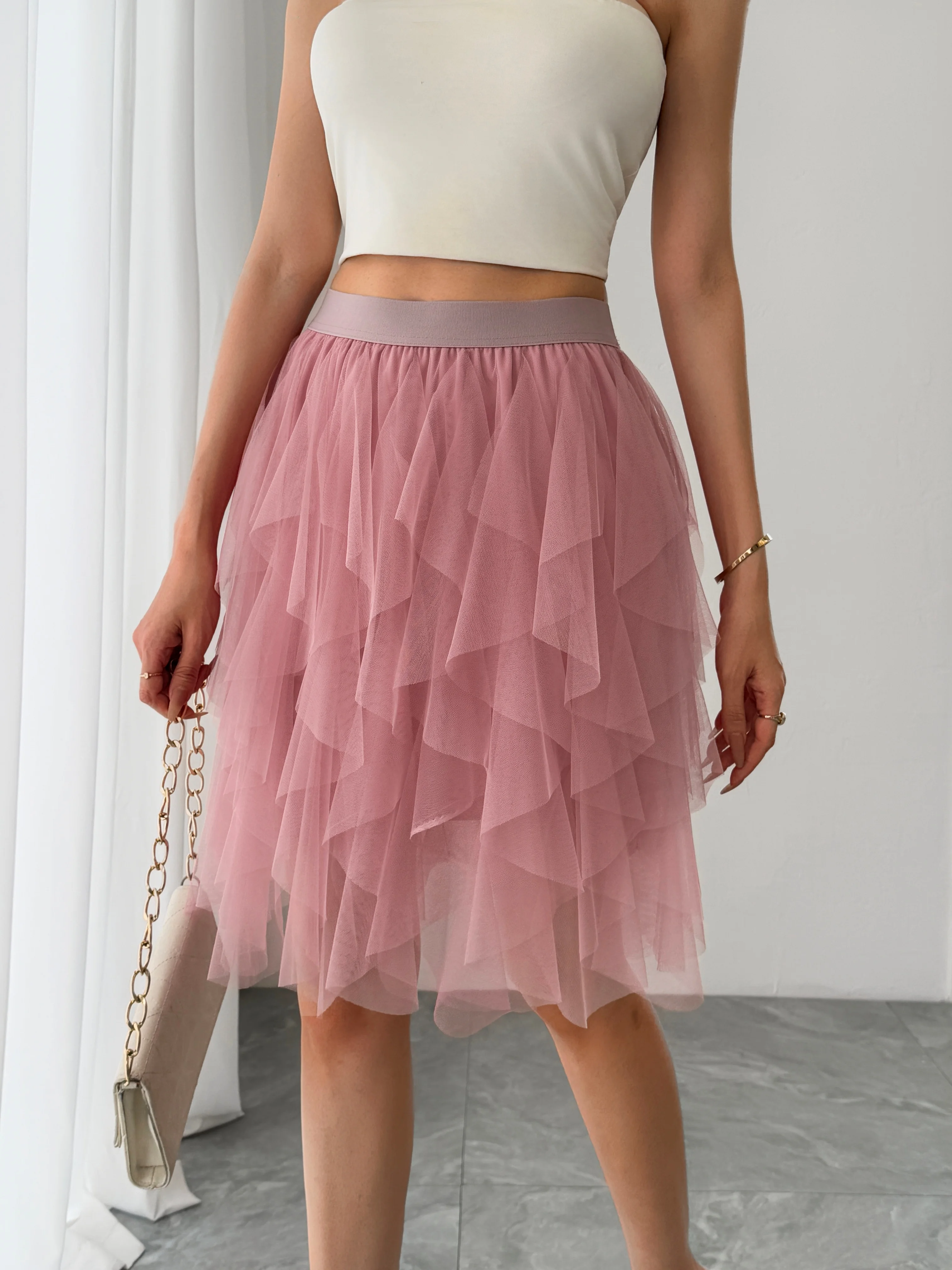 Summer style women's chiffon mid length skirt with irregular layered ruffle edge cake skirt, elegant and fairy like A-line skirt