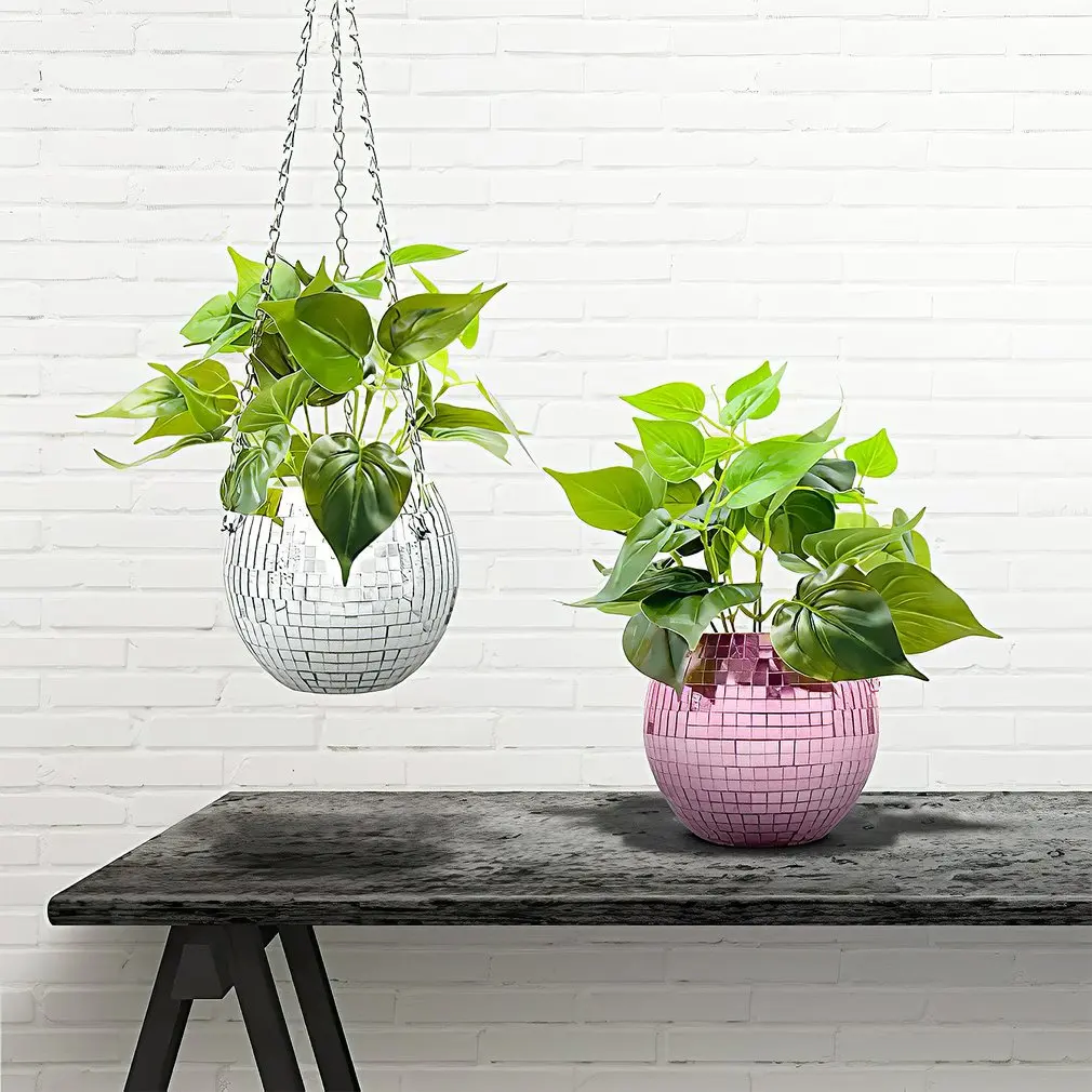 

Hot Disco Ball Hanging Flower Pot For Indoor Plants Bohemian Style Flower Planter Pots Rope Mirror Hanging Basket Garden Decor