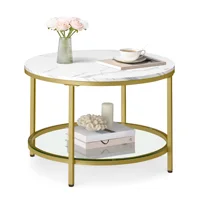 VASAGLE Round Coffee Table, Small Coffee Table with Faux Marble Top and Glass Storage Shelf, 2-Tier Circle Coffee Table 1