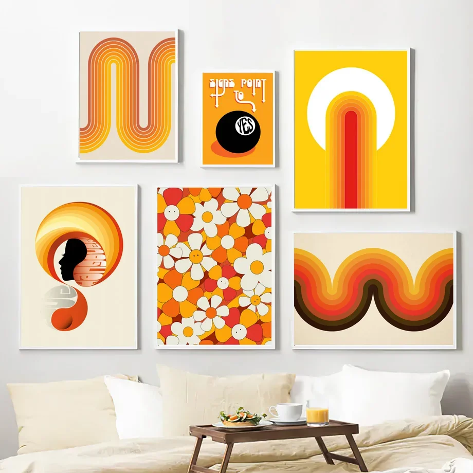 Retro 70S Stripes Art Prints Desert Blaze Wave Flower Ball Abstract Poster Canvas Painting Immagini A Parete Per La Decorazione Del Soggiorno