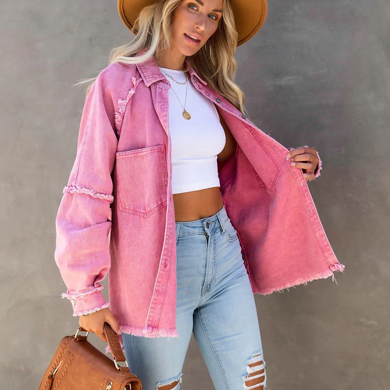 

Fashion Loose Turn-down Collar Denim Jacket Coat 2023 Spring Women Casual Denim Jacket Long Sleeve Tassel Solid washed Tops