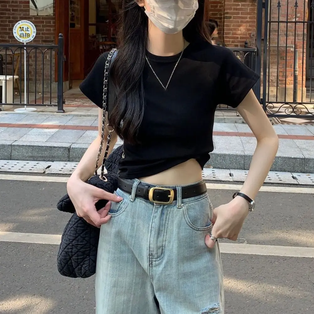 Simple Solid Color Short Sleeve T-shirt Chic Sweet Y2K Crop Top Korean Style Slim Fit Tees Shirts Women Streetwear