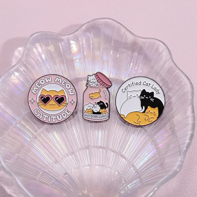 Cartoon brooch certified cat lady enamel pins custom meow catitud metal brooches lapel badges jewelry gift