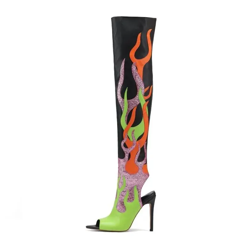 

MKKHOU Fashion Knee Length Boots Women's New Sexy Fish Mouth Shoes Open Heel Colored Straight Boots Modern Summer Boots