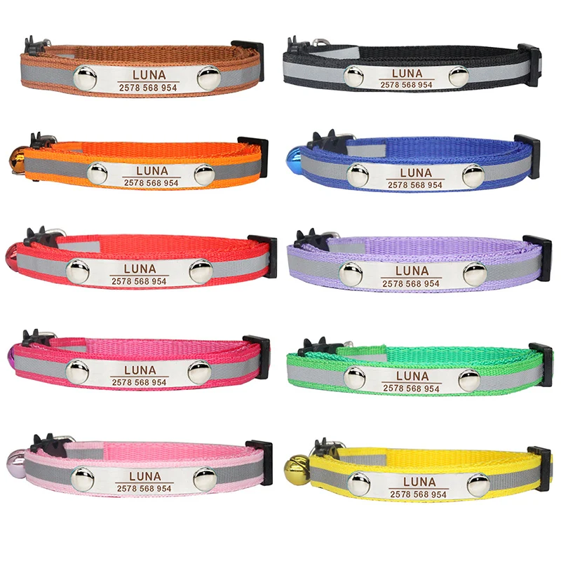 Custom Reflective Cat Collar Personalized ID Adjustable Safety Buckle with Bell Free Engraving Nylon Puppy Kittens Necklace