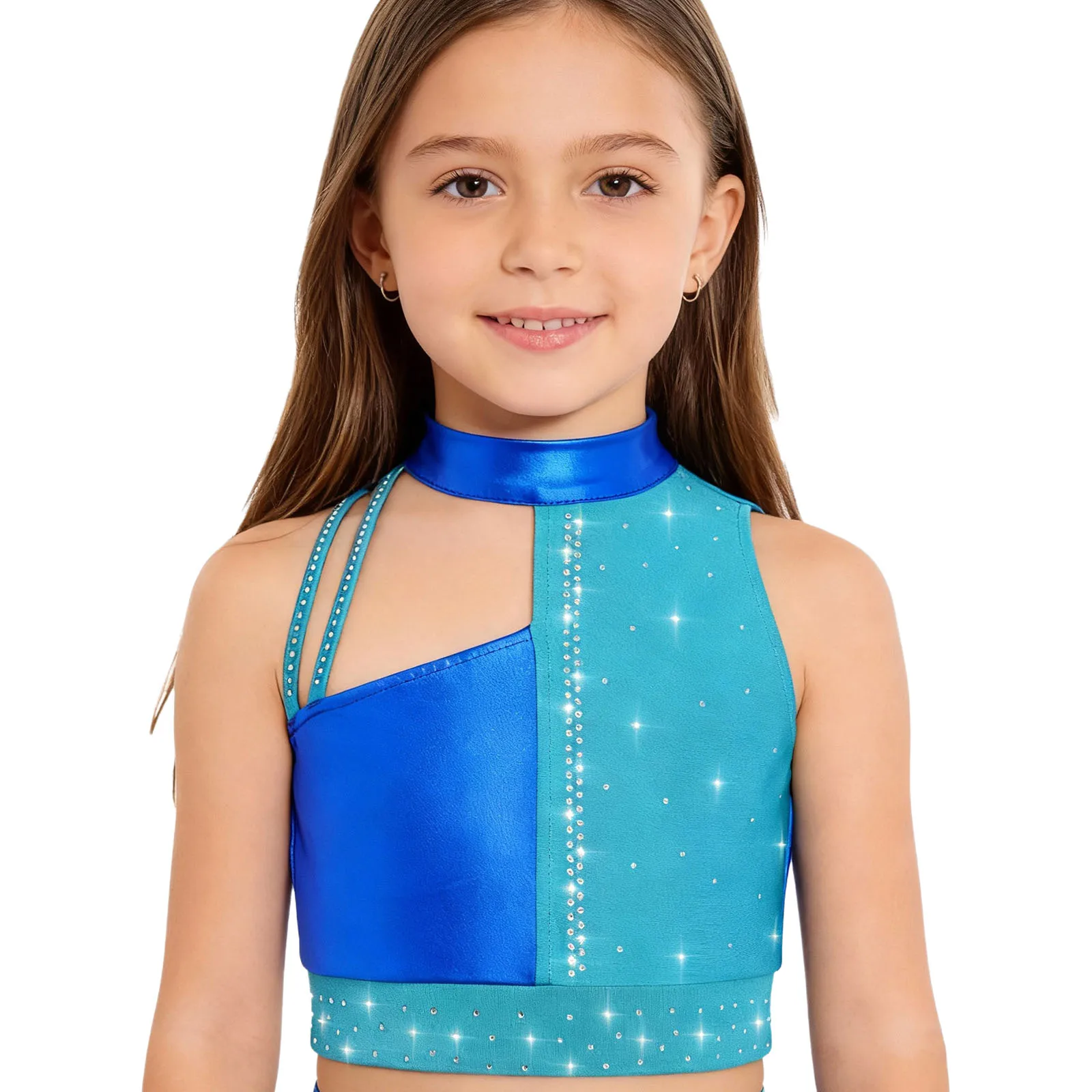 Kinder Mädchen Gymnastik Tanz Tops Praxis Performance Kostüm Stehkragen Ärmellos Ausschnitt Glänzende Strasssteine Metallic Crop Top – Detail 16