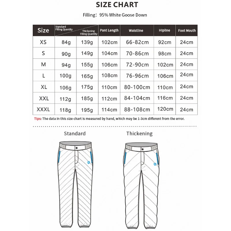 AEGISMAX Unisex 95% White Goose Down Pants Ultralight Outdoor Sport Pants Camping Waterproof Warm Goose Down Trousers 800FP