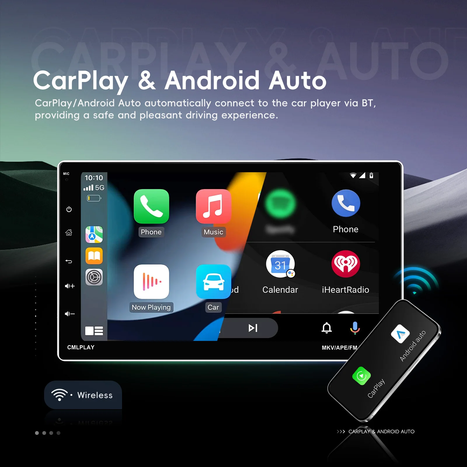 Podofo Radio de Coche Universal Android 15.0 de 9 Pulgadas con Carplay Inalámbrico, Pantalla Táctil WIFI, Unidad Principal Android para Coche, BT, DAB+, USB, Cámara de Visión Trasera, Sistemas Multimedia Inteligentes para Coche 4