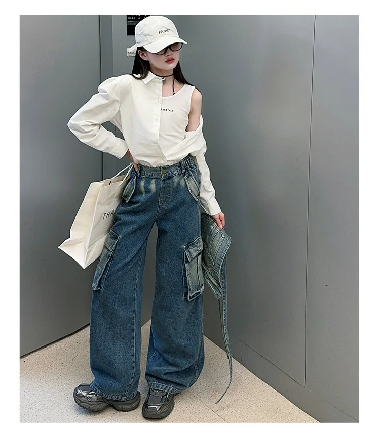 2025 Spring/Autumn Girls Denim Overalls Trendy Detachable Wide-Leg Jeans for Kids Stylish Versatile Casual Two Wear Trousers