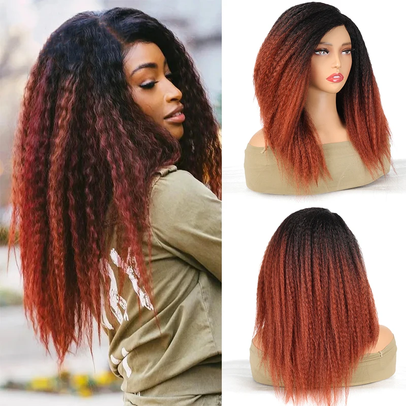 

Kinky Curly Afro Hair Wigs Yaki Straight Wigs Ombre Synthetic Wig For Women Medium Part Women Black Natural Female Wigs cosplay