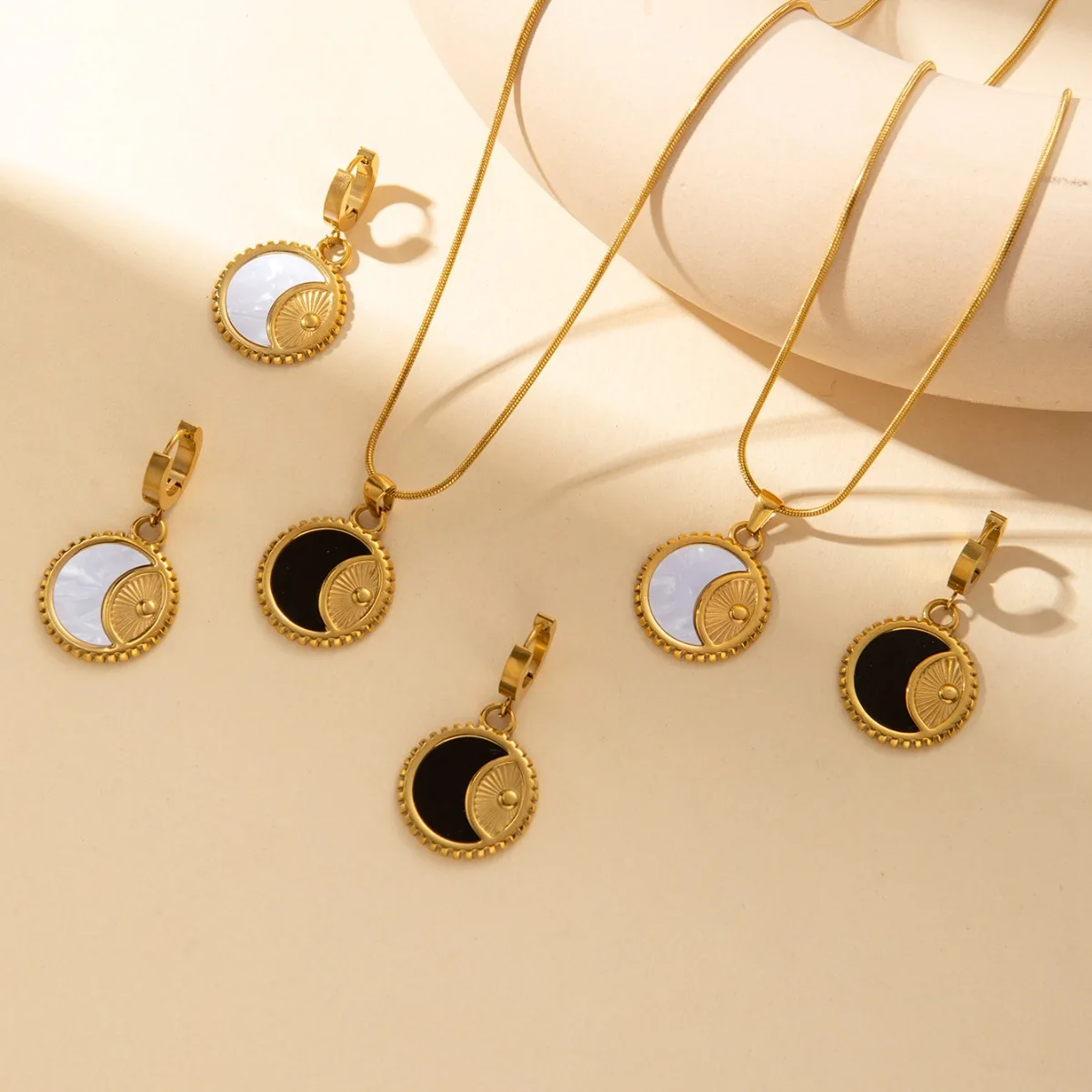 New Titanium Steel Black and White Crescent Necklace Earrings Set For Women Girls Party Jewelry Sets 1