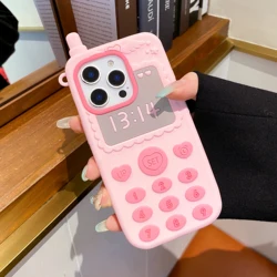 Chic Pink Retro Brick Silicone Phone Case with Heart - Shaped Display Screen - iPhone 15 Pro (Pink)