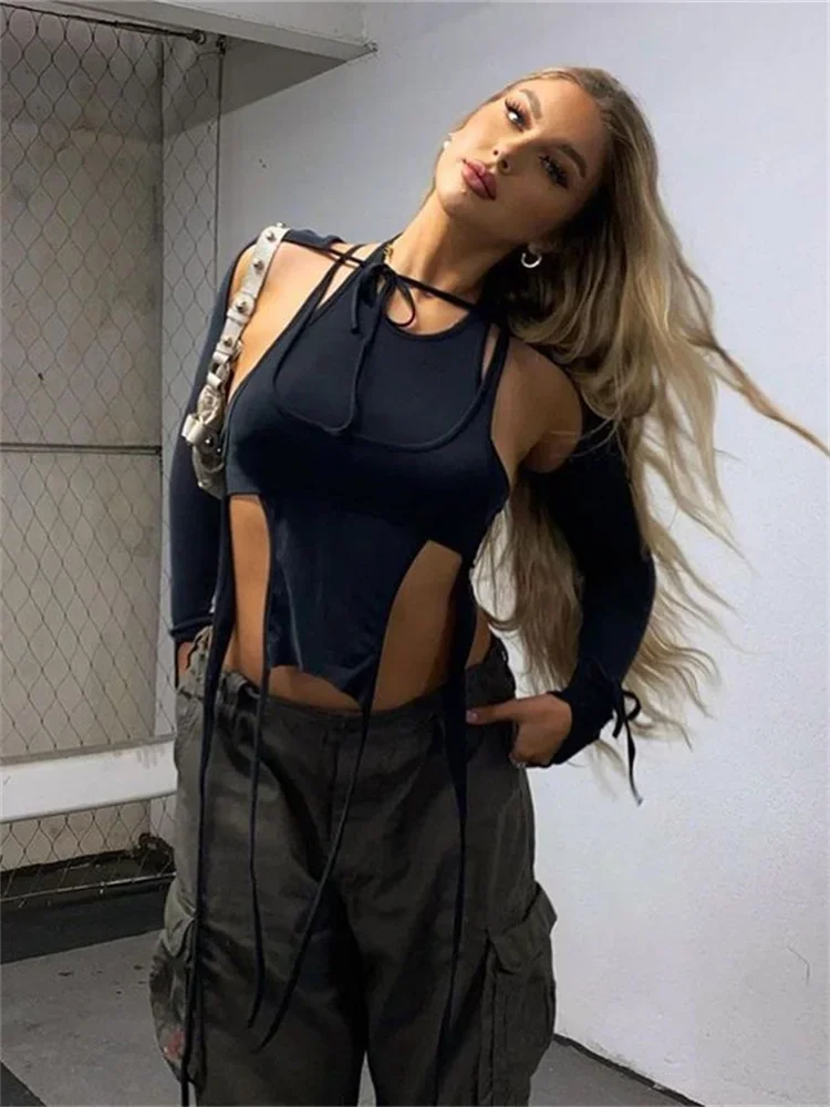 

Fashion Solid Color Hollow Shirts For Women Sexy Casual U Neck Long Sleeve Tops Hooded Sexy Patchwork Streetwear Women Clothing
