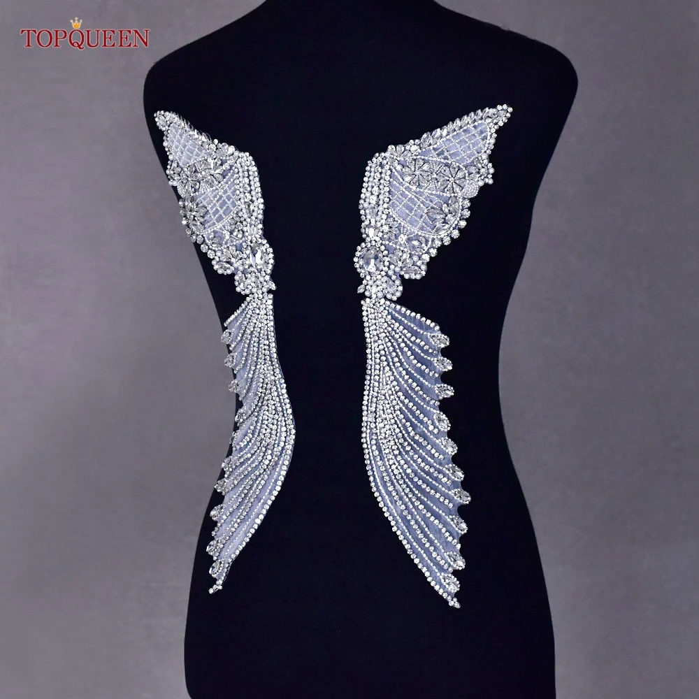 

TOPQUEEN 3D Rhinestone Decal Pair Crystal Bead Handmade Patch French Bodice Applique Heavy Decal Wedding Set DIY SP55