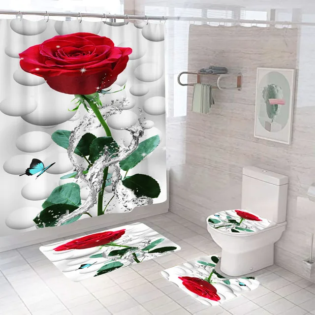 Rose Flower Shower Curtain Set Non-Slip Rugs Bath Mat Toilet Lid Cover and 12 Hooks Waterproof Polyester Bathroom Decor N-4pcs- Full Set
