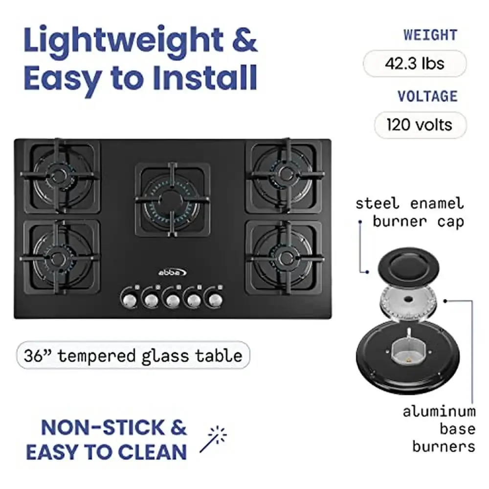 Gas Cooktop 36" 5-Burner Tempered Glass Stove Automatic Ignition Professional Grade Heating Black 3