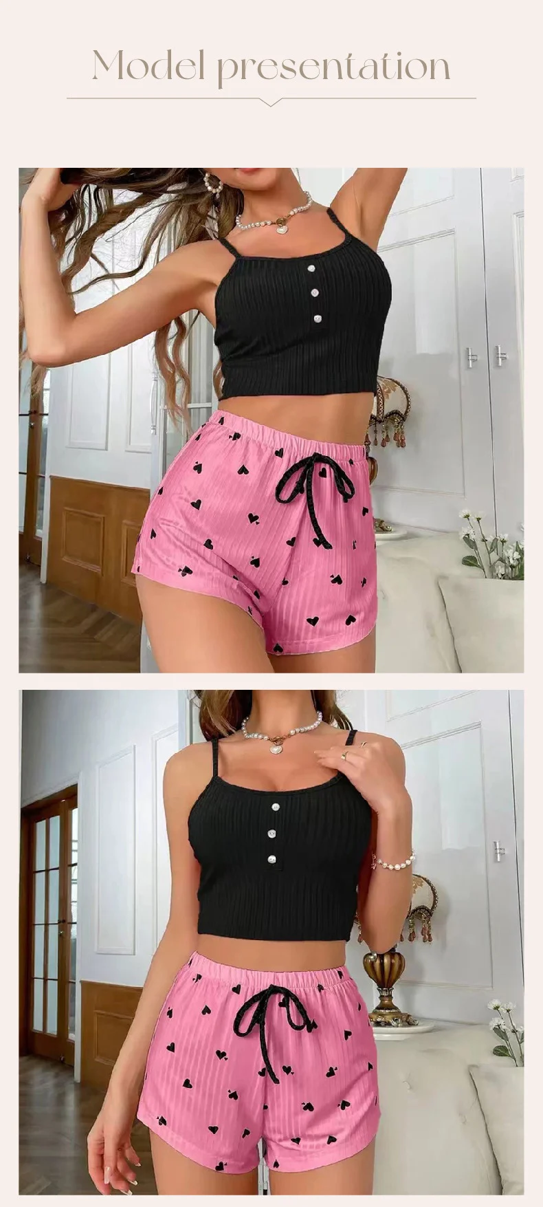  New Ribbed Blue Pajama Set Women's Heart Print Cami Top and Shorts Soft Comfortable Loungewear Cute Trendy Fashion Hot Sale