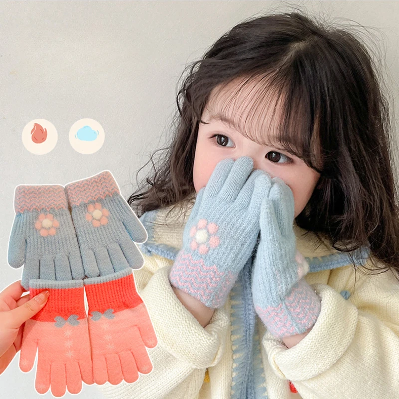Knitted Gloves Children Gloves Girls Winter Knitting Gloves Flower Bow Printing Five Finger Gloves Outdoor Warm Gloves