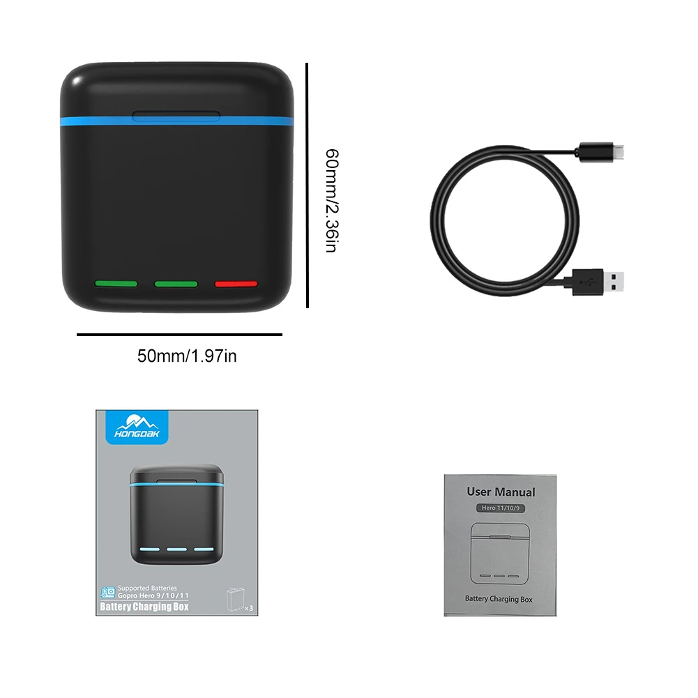 3-Channel Battery Charger with Type C Cable Fast Charger Batteries Storage Case for GoPro Go Pro Hero 8 7 6 5 Camera Accessories