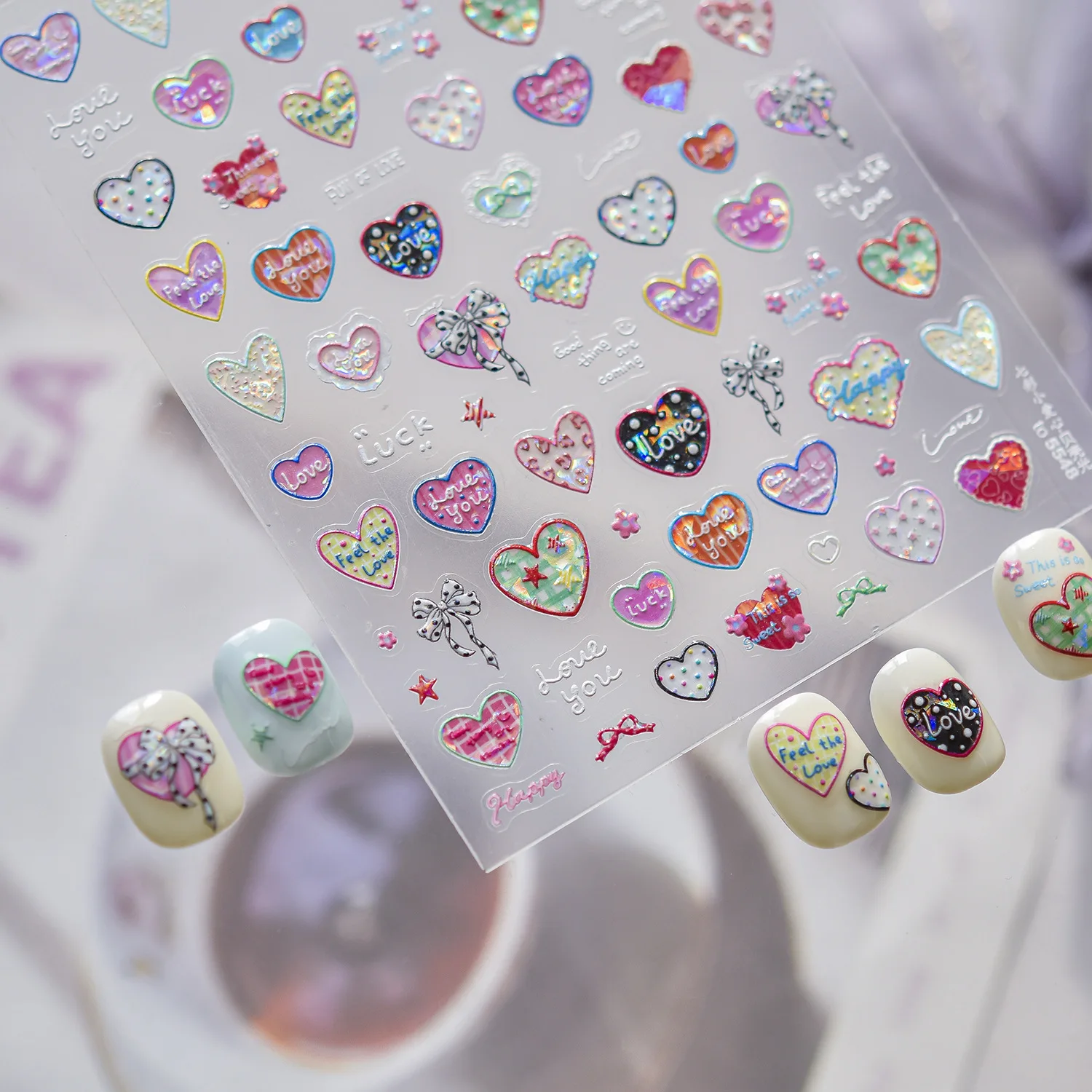 5D 메탈 네일 스티커 달콤한 핑크 하트 플러터링 스타 나비 매력적인 네일 아트 스티커 접착 발렌타인 네일 장식