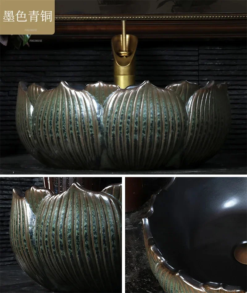 Chinese Ceramic Bathroom Sinks Art Lotus Countertop Basin Vintage Home Bathroom Washbasins Kitchen Washing Sink Overhead Sinks