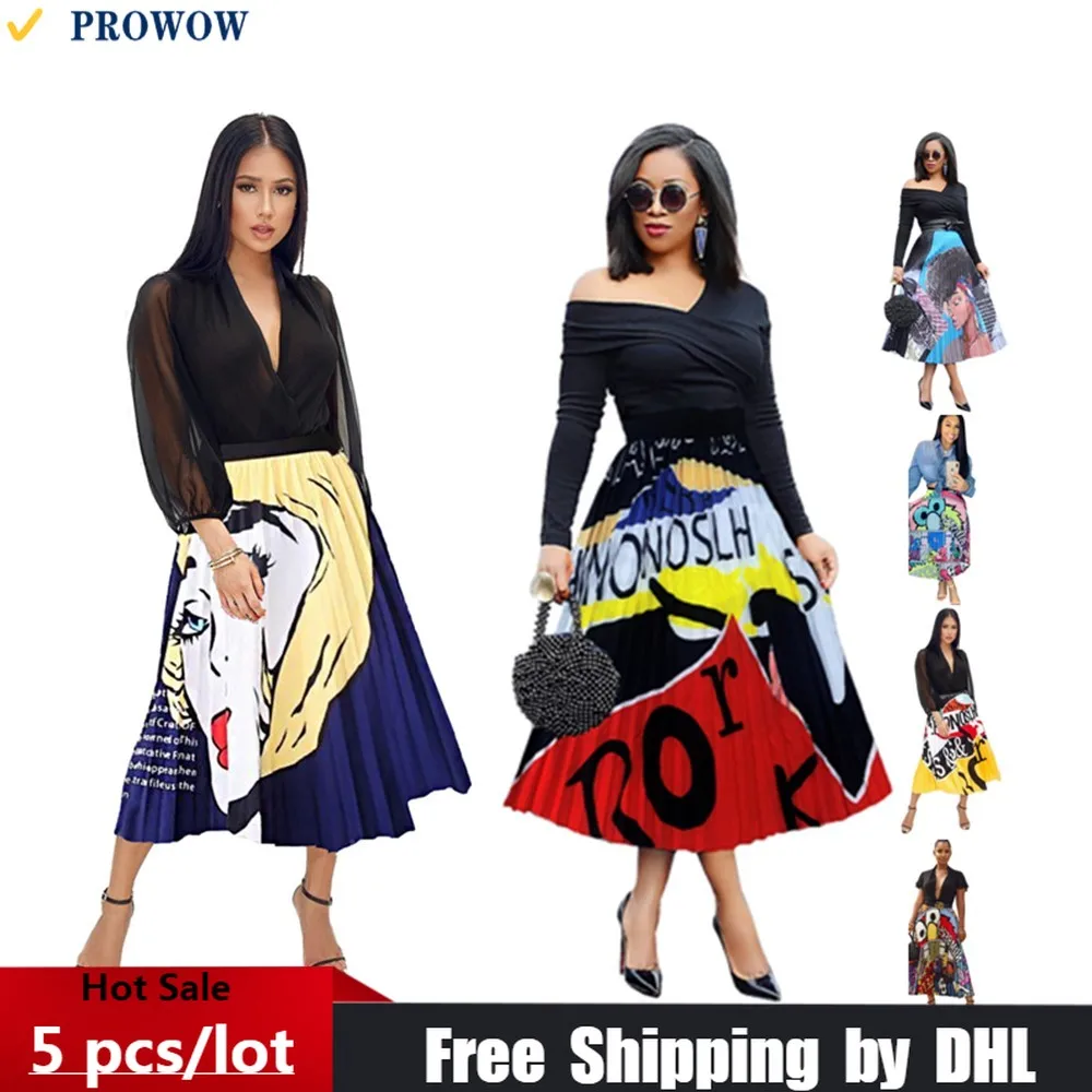 

5 Pcs Bulk Women Pleated Half-length Skirts 2023 Fashion Trendy Cartoon Print Dresses Beach Holiday Lady Clothing Wholesale 8240