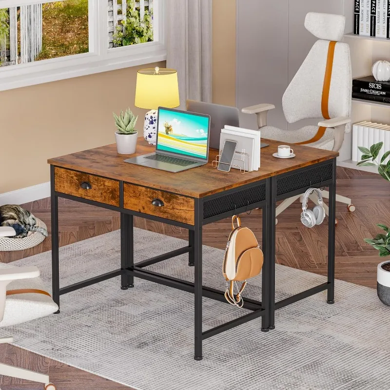 Computer Desk with 2 Fabric Drawers, 36 Inch Small Home Office Writing Desk, Vanity Desk with Hooks, Simple Study Desk 2