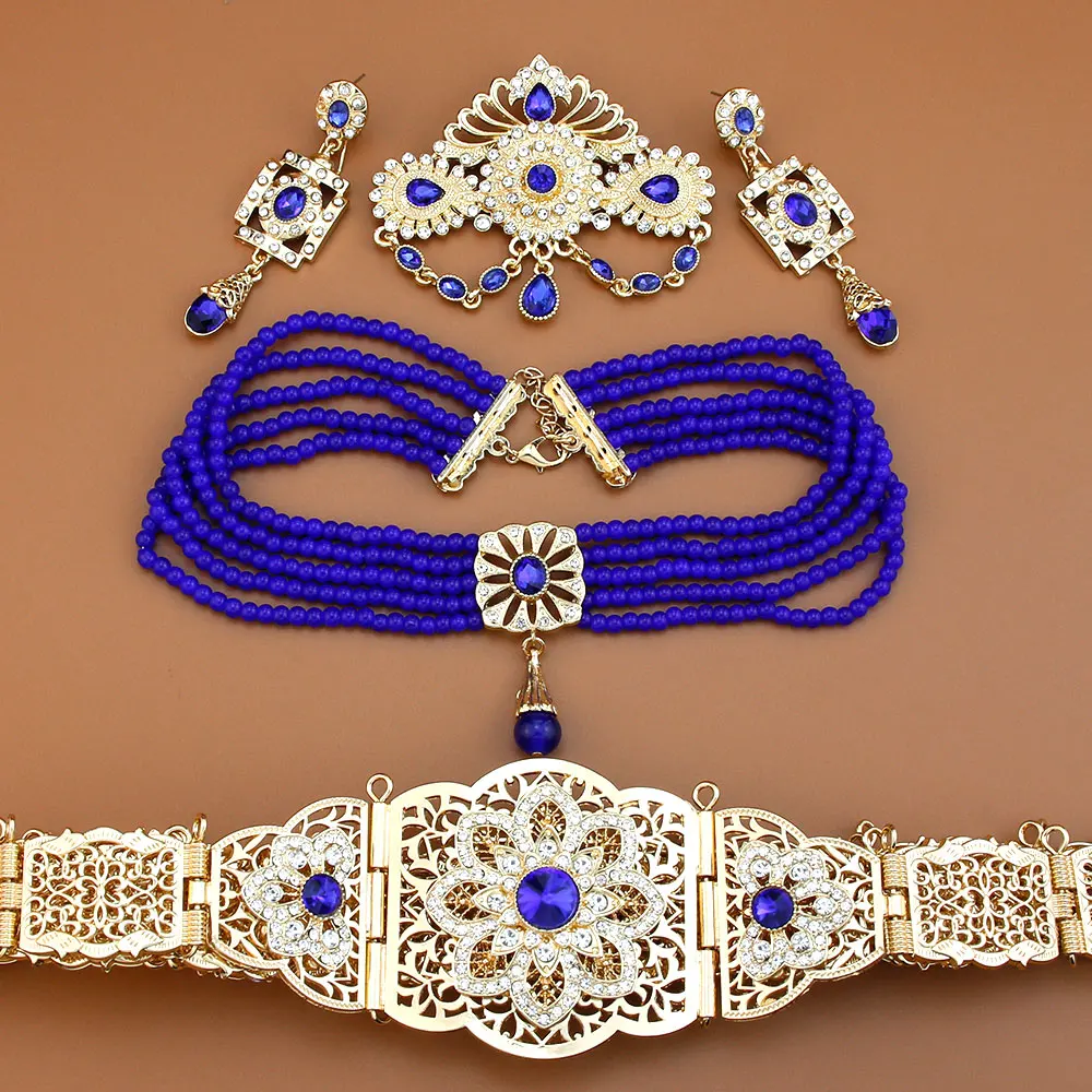 Sunspicems Arabic Bride Jewelry Sets For Women Gold Color Bead Pearl Choker Necklace Caftan Waist Belt Earring Morocco Brooch