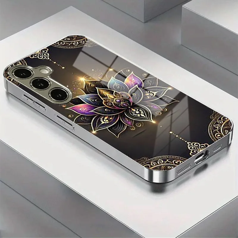Mandala Lotus Pattern Electroplate Silver Phone Case with Tempered Glass Cover