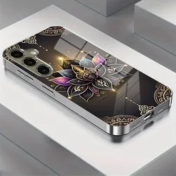 Mandala Lotus Pattern Electroplate Silver Phone Case with Tempered Glass Cover - Galaxy S23 Ultra (1)