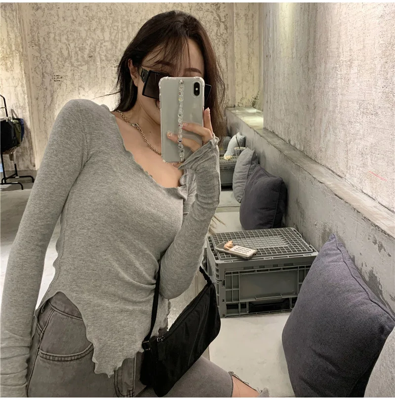 Description Picture 5 of itemLong Sleeve T-shirts Women Fungus Line Irregular Hem Knitted Slender Autumn Bottoming Tees Chic Fashion Sexy Solid Ulzzang New