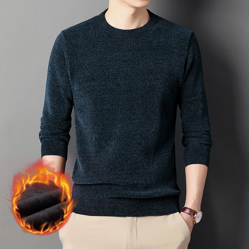 Autumn Winter Men's Pullover Round Neck Screw Thread Flocking Solid Lantern Long Sleeve Sweater Knitted Casual Formal Tops