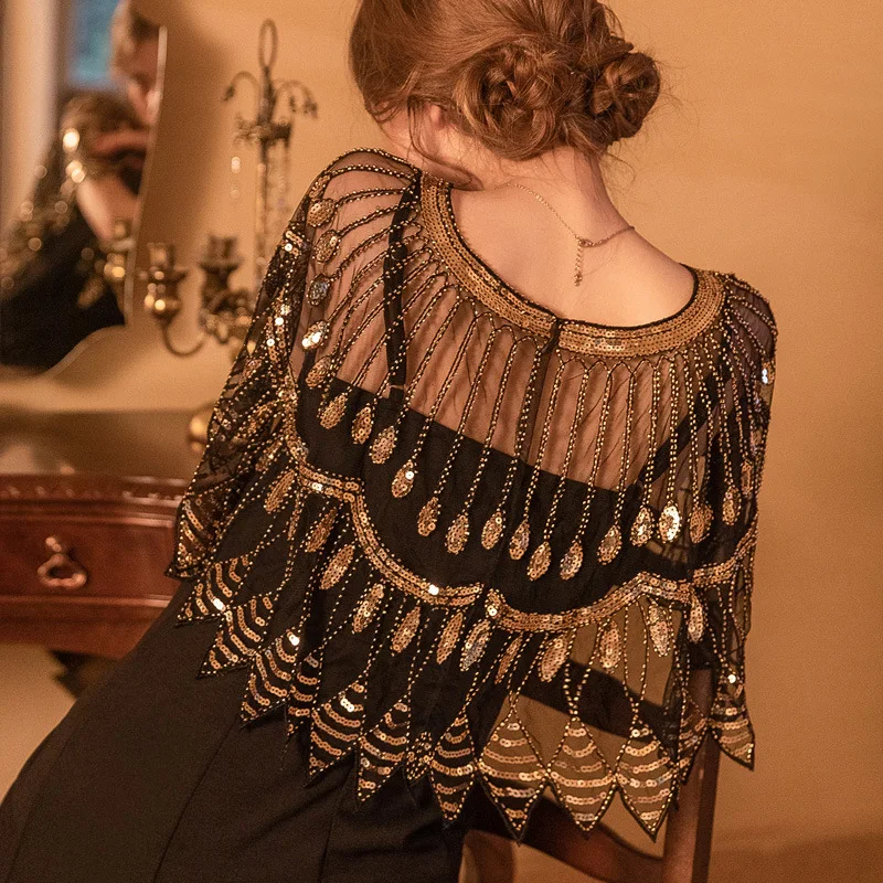 ورقة شكل كشكش شال أنيق الترتر التطريز خمر كيب شبكة قصيرة بالأزرار الاتجاه فستان اكسسوارات للحفلات الراقصة