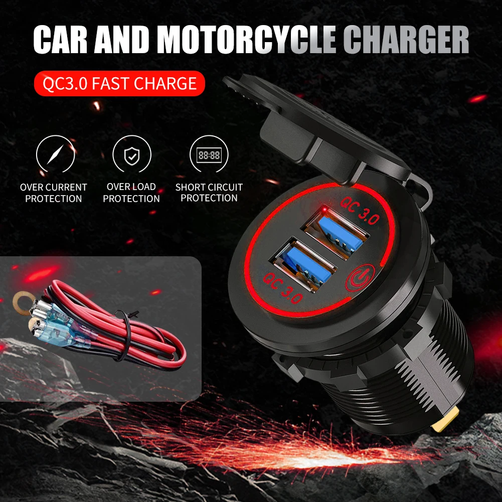 

Car Charger DC12V/24V Quick Car Charger Dual USB Fast Charging Adapter with Dust Cover Switch for Car Motorcycle RV Yacht Ship