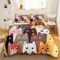 3PCS Single-sided Printed Bedding Set ,Comforter Cartoon Cute Cat Duvet Bedding Cover Pillows Comfortable Bedspreads BeddingSet 3