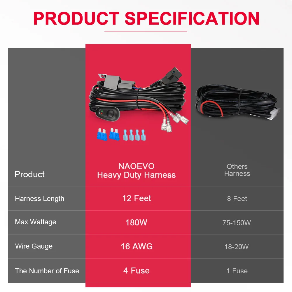 NAOEVO LED 라이트 바 원격 스위치 플래시 키트, 배선 하네스 스트로브 스위치, 오프로드 트럭 지프 와이어용, 12V, 40A 릴레이, 180 W, 300W